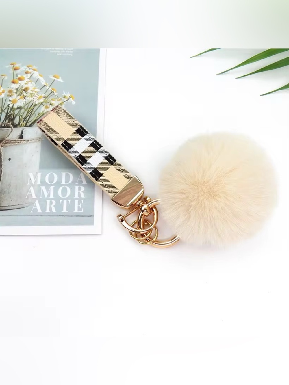Plaid Beige Pom-Pom Keychain Wristlet with Gold Hardware